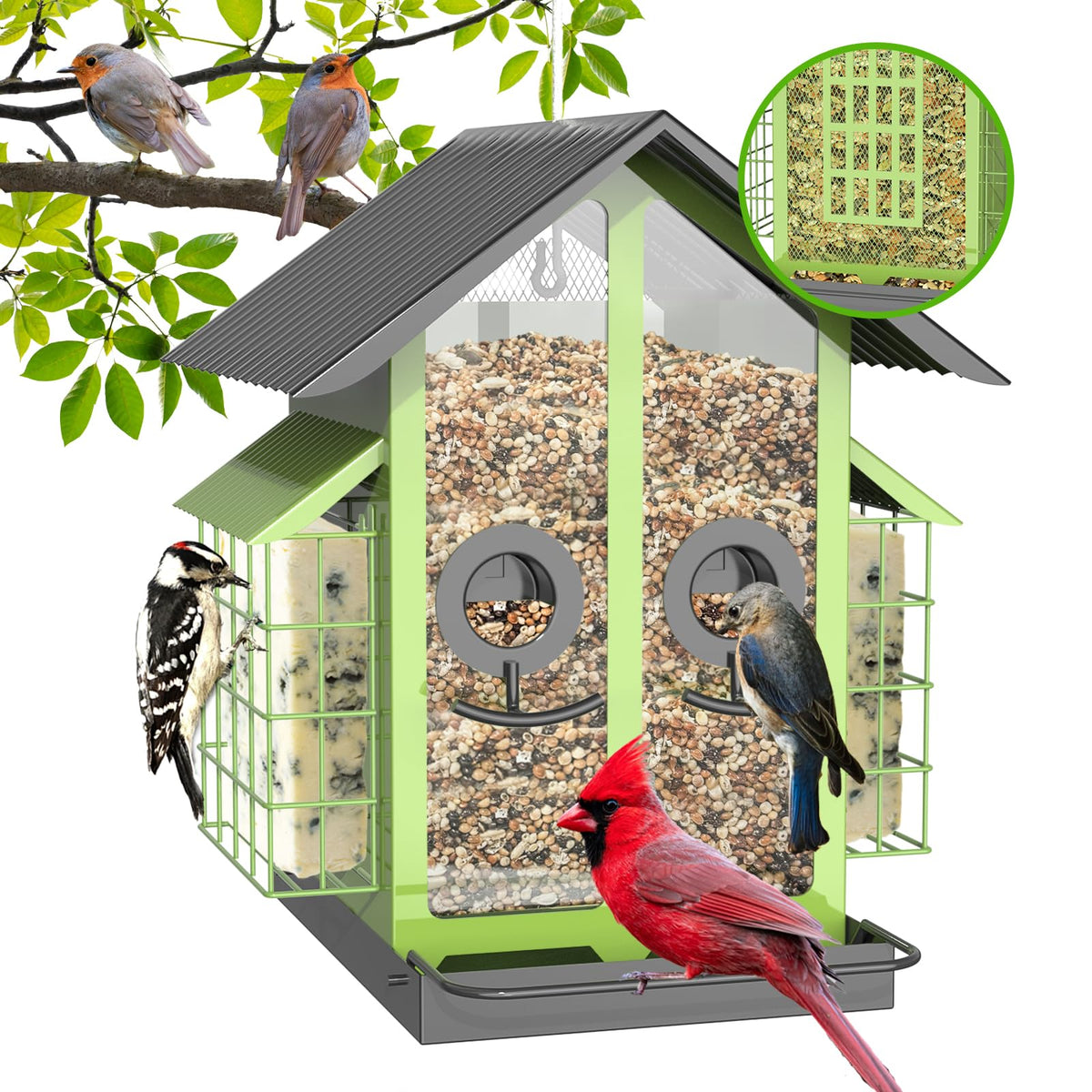 FlowaFoli bird feeder with a metal roof for durable outdoor use.