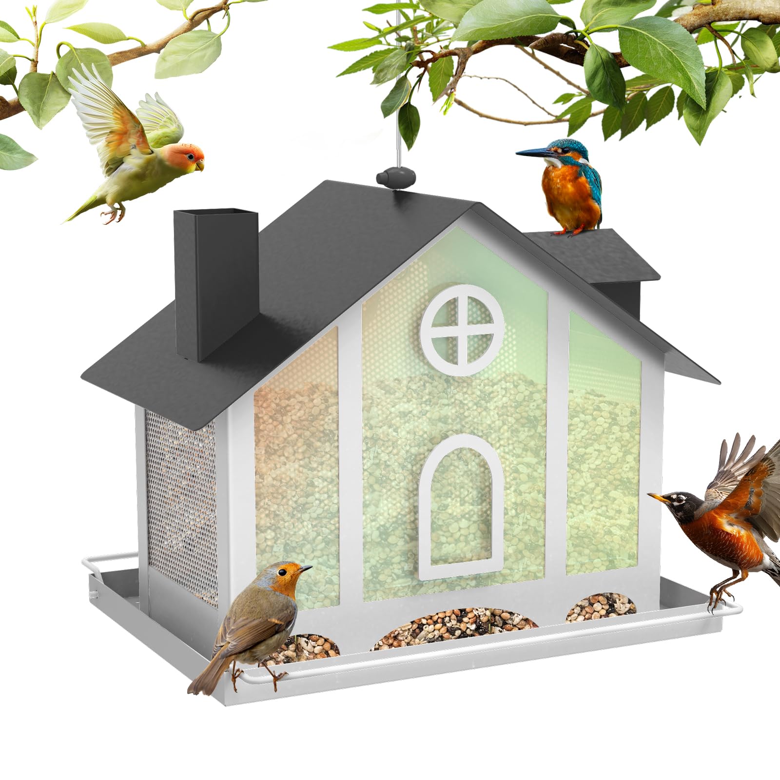 FlowaFoli bird feeder with rainbow panels attracts diverse birds outdoors.