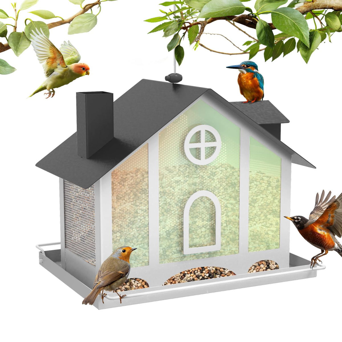 FlowaFoli bird feeder with rainbow panels attracts diverse birds outdoors.