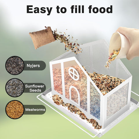 FlowaFoli bird feeder features a sloped roof to keep seeds dry.