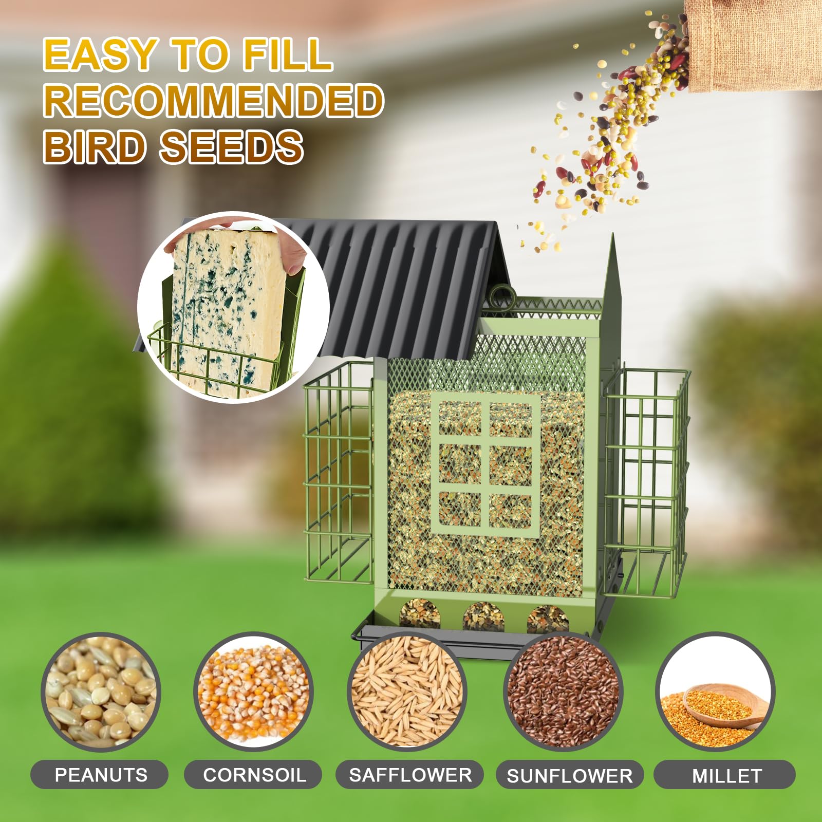 FlowaFoli weatherproof roof and perch protect seeds during rain while inviting perching birds.