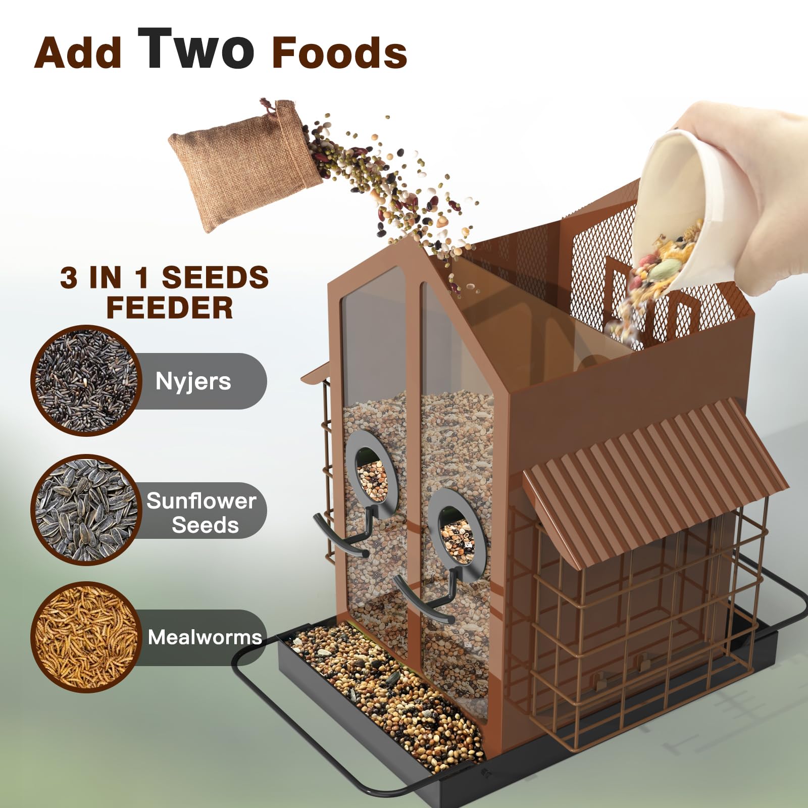 FlowaFoli seed compartments separate finches and larger birds for harmonious feeding.