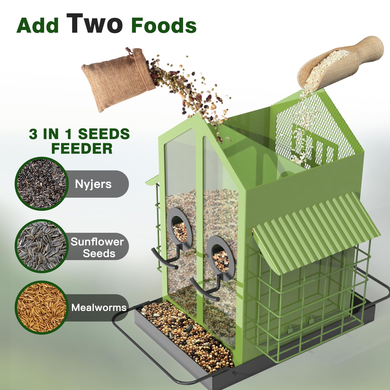 FlowaFoli feeder shows two seed compartments for separate seed types.