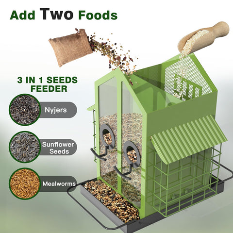 FlowaFoli feeder shows two seed compartments for separate seed types.