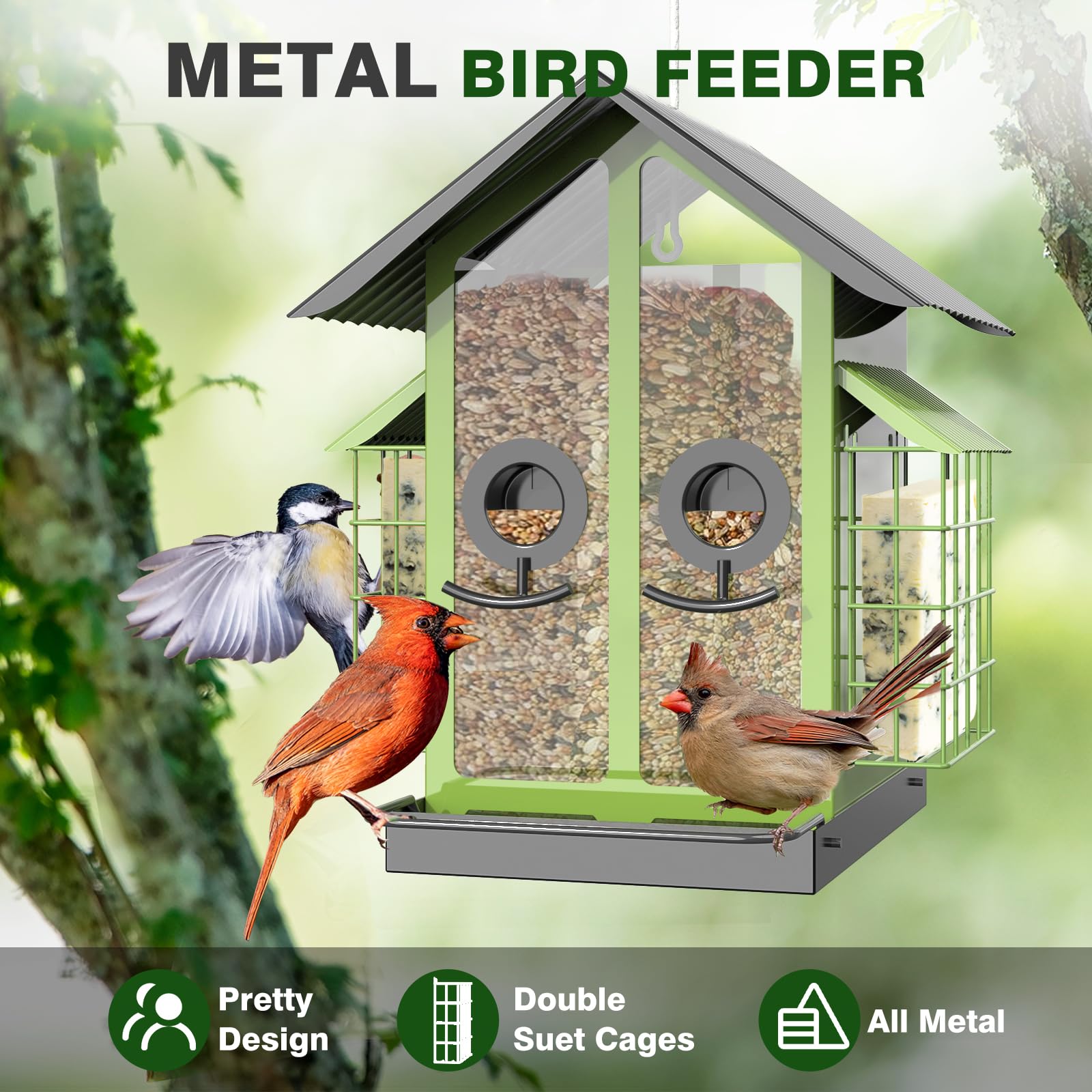 FlowaFoli weatherproof hanging feeder with perches outdoors.