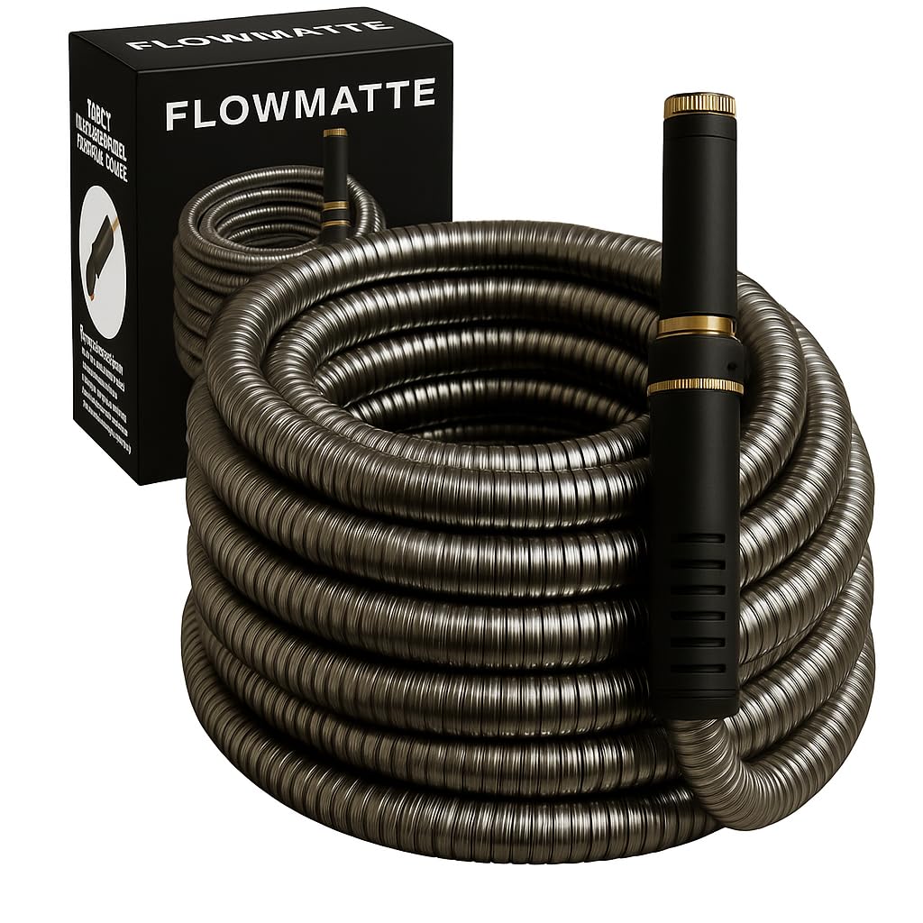 FlowMatte 100ft stainless steel hose coiled for easy storage and quick setup.