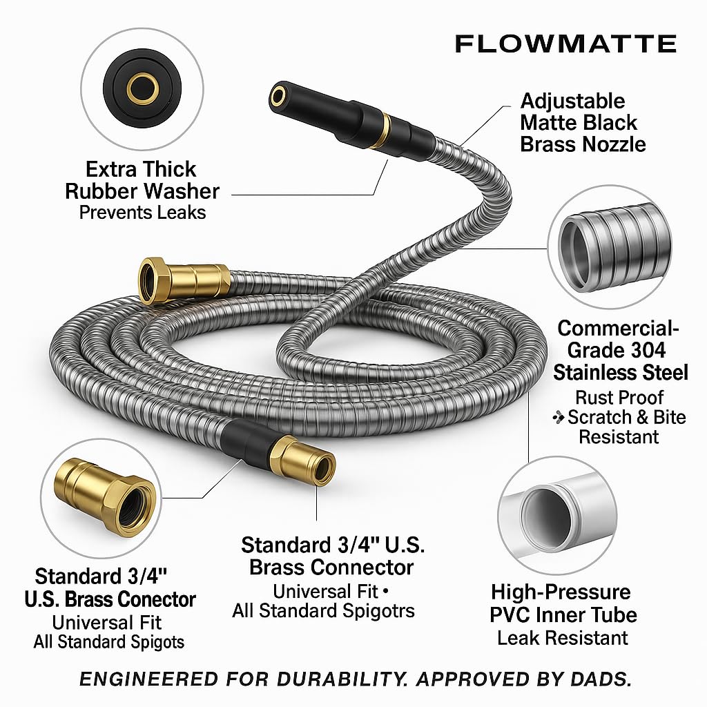 FlowMatte 100ft hose extended reach lets you water far corners.