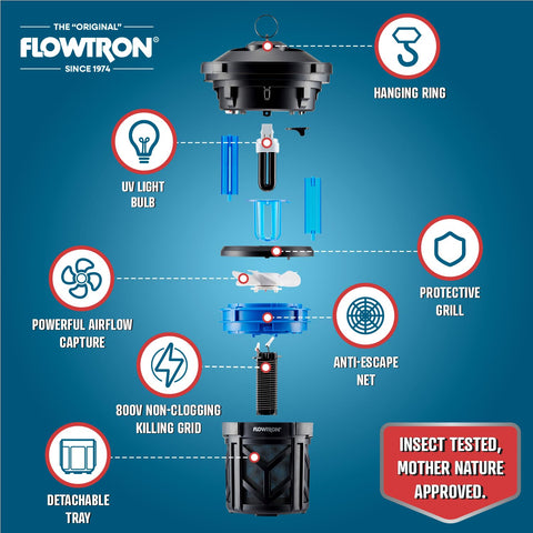 Flowtron zapper side view highlights weather-resistant body for year-round use.