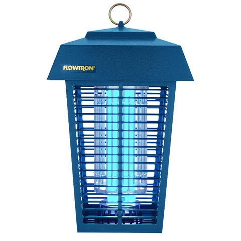Flowtron bug zapper with 1-acre coverage shown in a backyard.