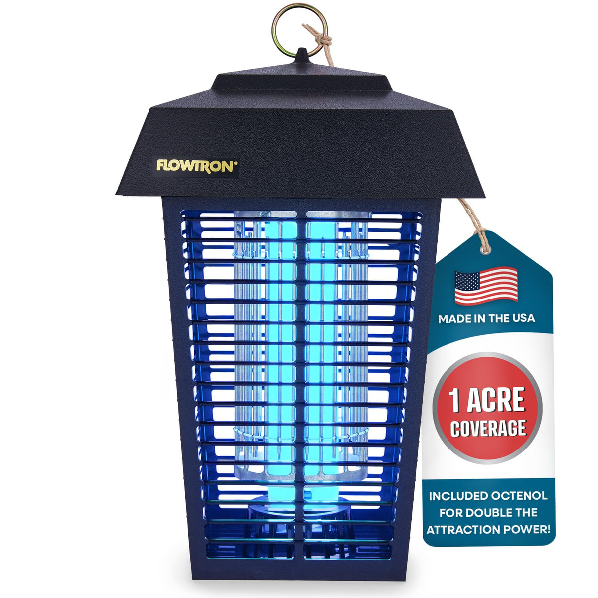 Flowtron Bug Zapper in outdoor setting with 1 acre coverage reduces flying pests.