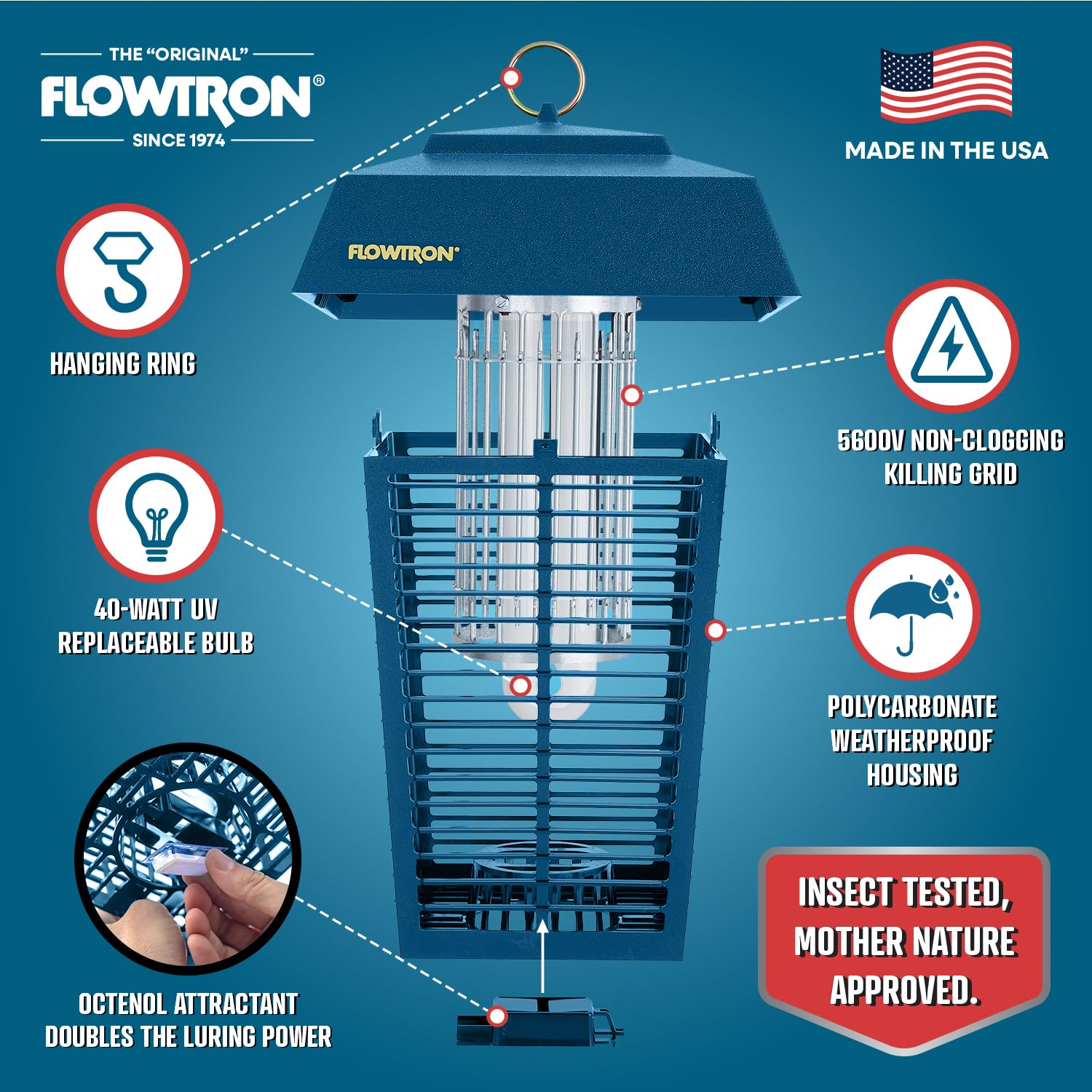 Flowtron 40W UV light attracting flying insects outdoors.