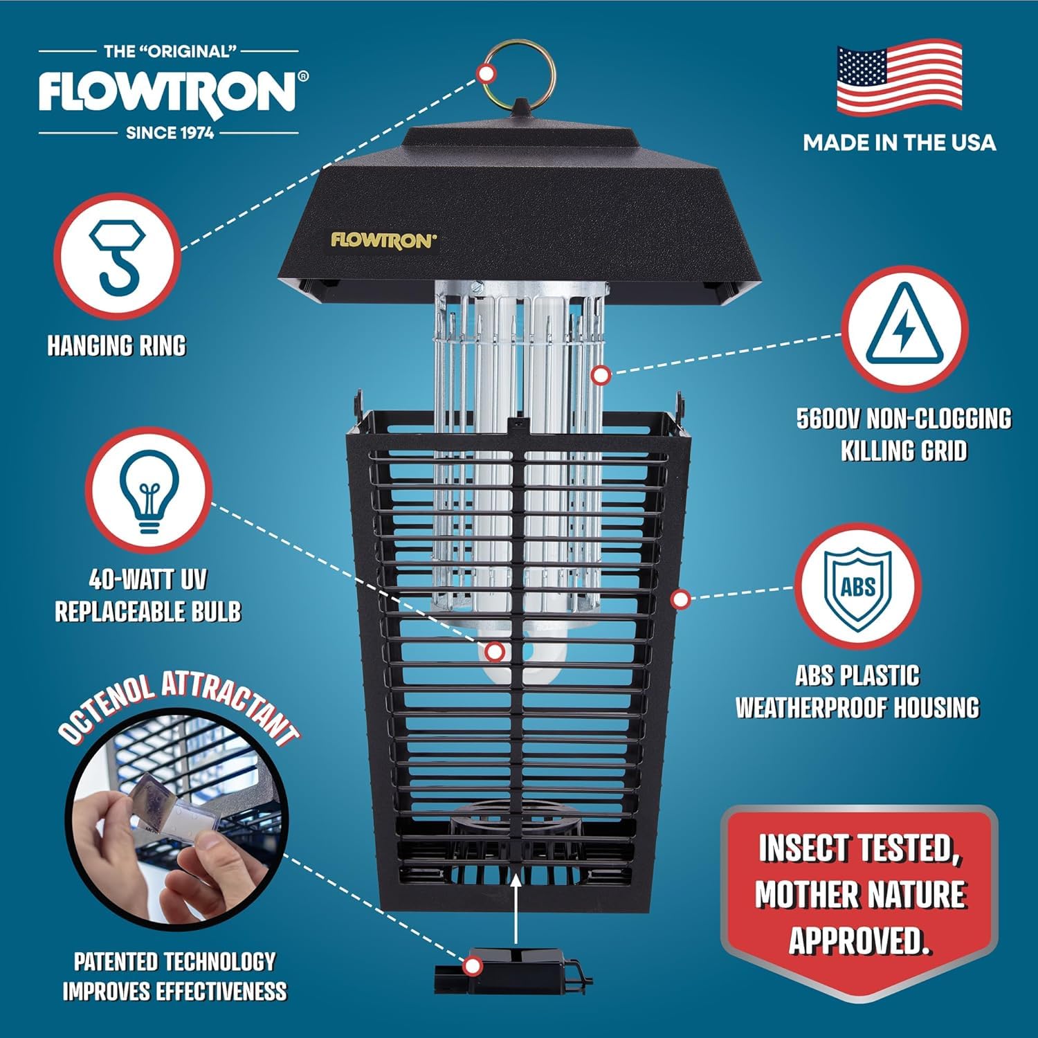 Flowtron Bug Zapper 40W UV light attracts and eliminates pests.