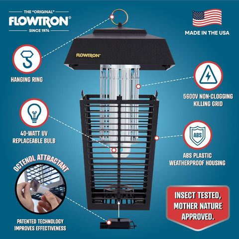 Flowtron Bug Zapper 40W UV light attracts and eliminates pests.