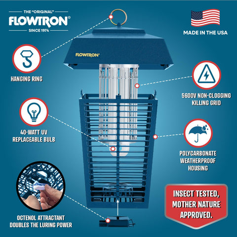 Flowtron 40W UV light attracting flying insects outdoors.