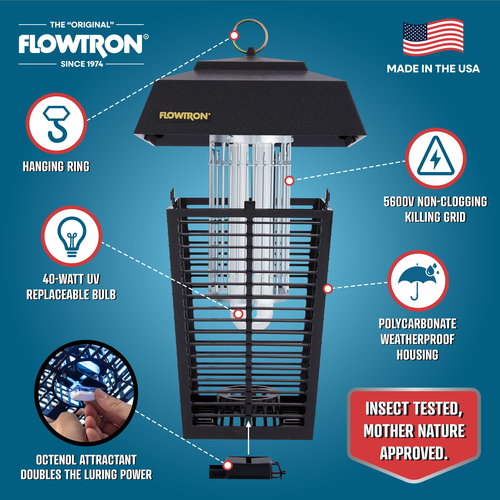 Flowtron Zapper glowing 40W UV light attracts biting insects for easier elimination.
