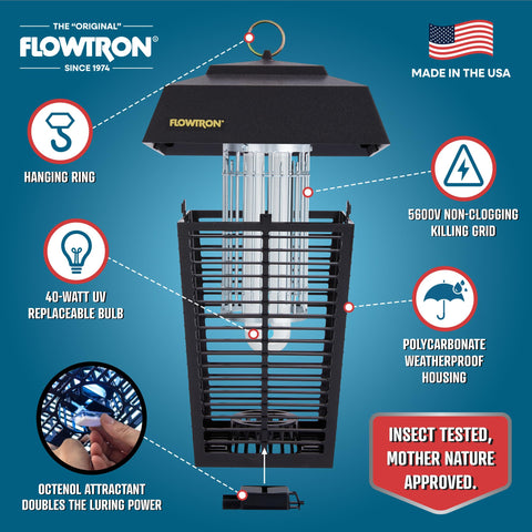 Flowtron Zapper glowing 40W UV light attracts biting insects for easier elimination.