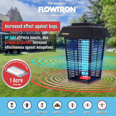 Flowtron 5600V grid instantly zaps pests near a wooded patio.