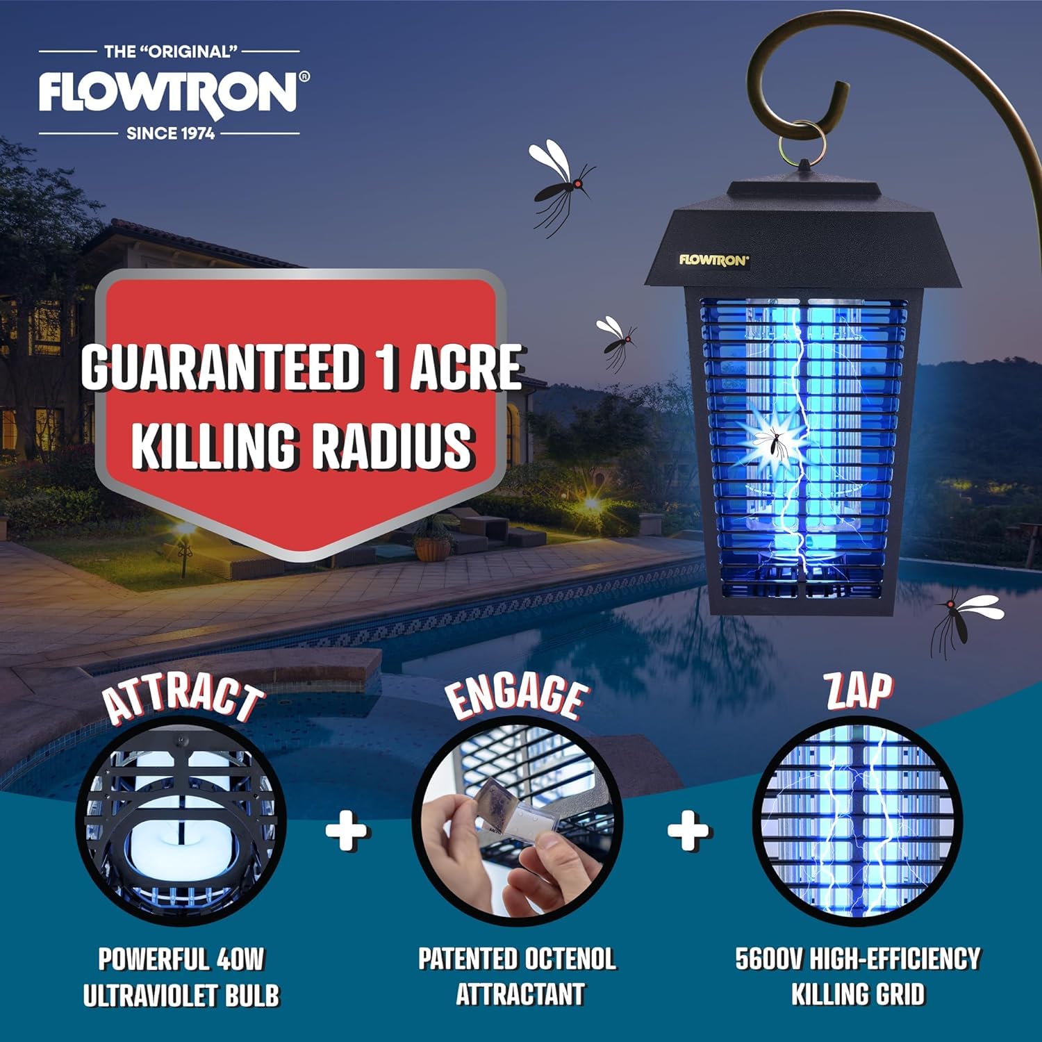 Flowtron Bug Zapper 5600V kill grid powers instant insect elimination.