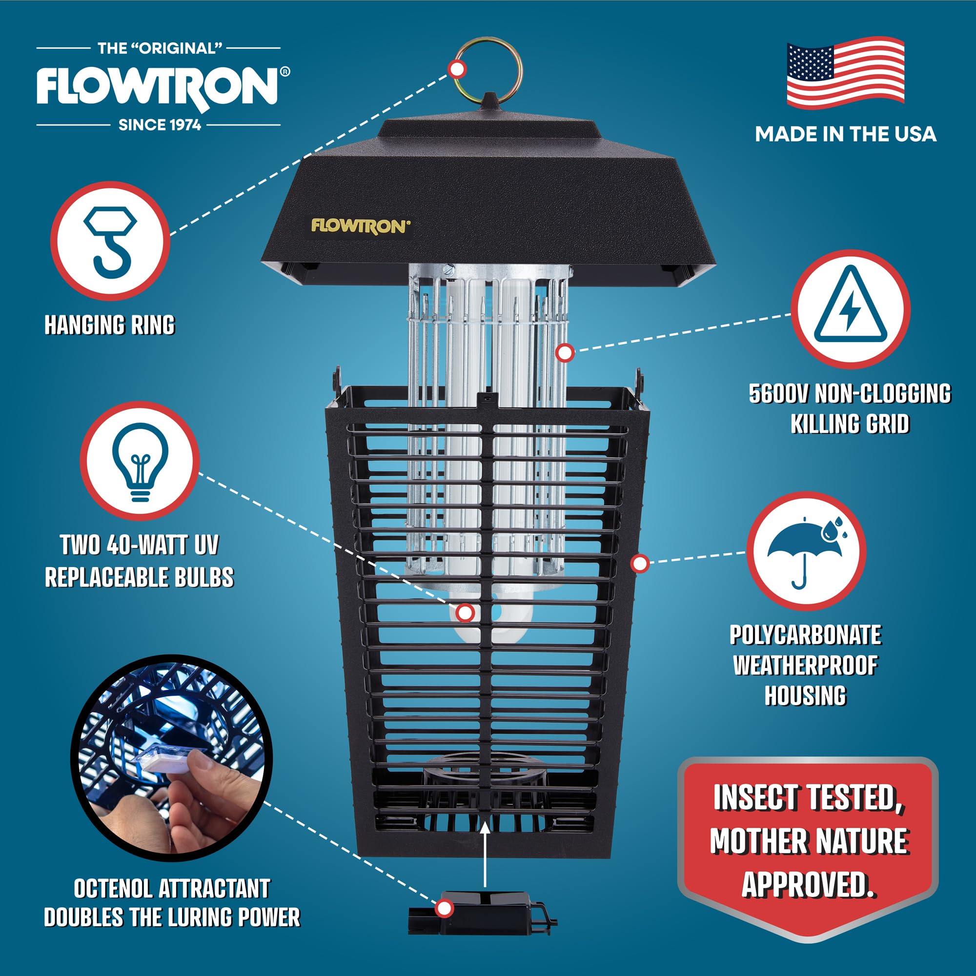 Flowtron 80W bulb glow attracting insects at dusk