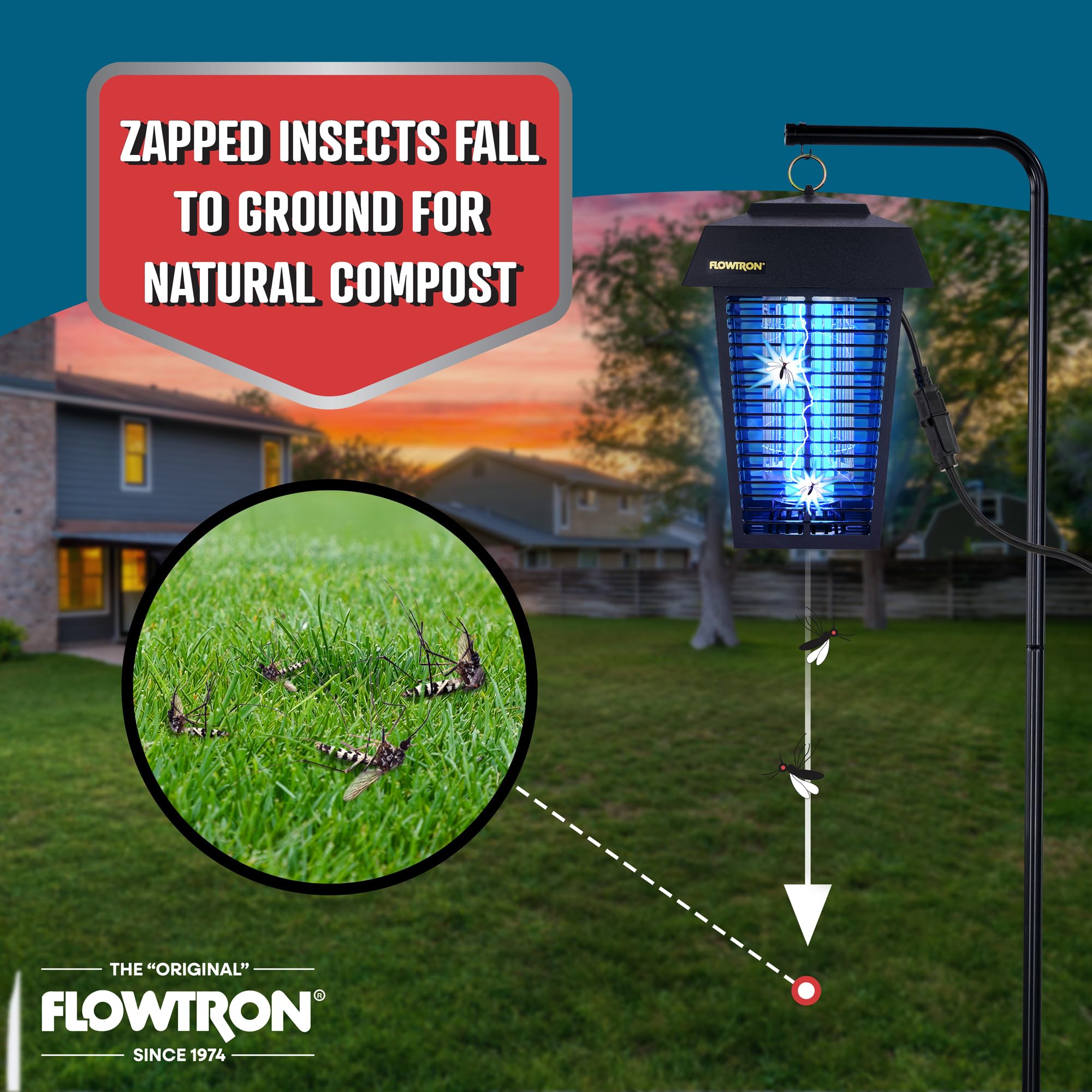 Flowtron lantern-style zapper hangs easily on porches for backyard evenings.