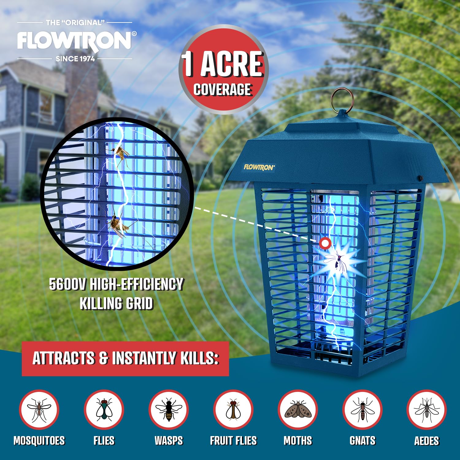 Flowtron USA-made UL-listed bug zapper for safe outdoor use.