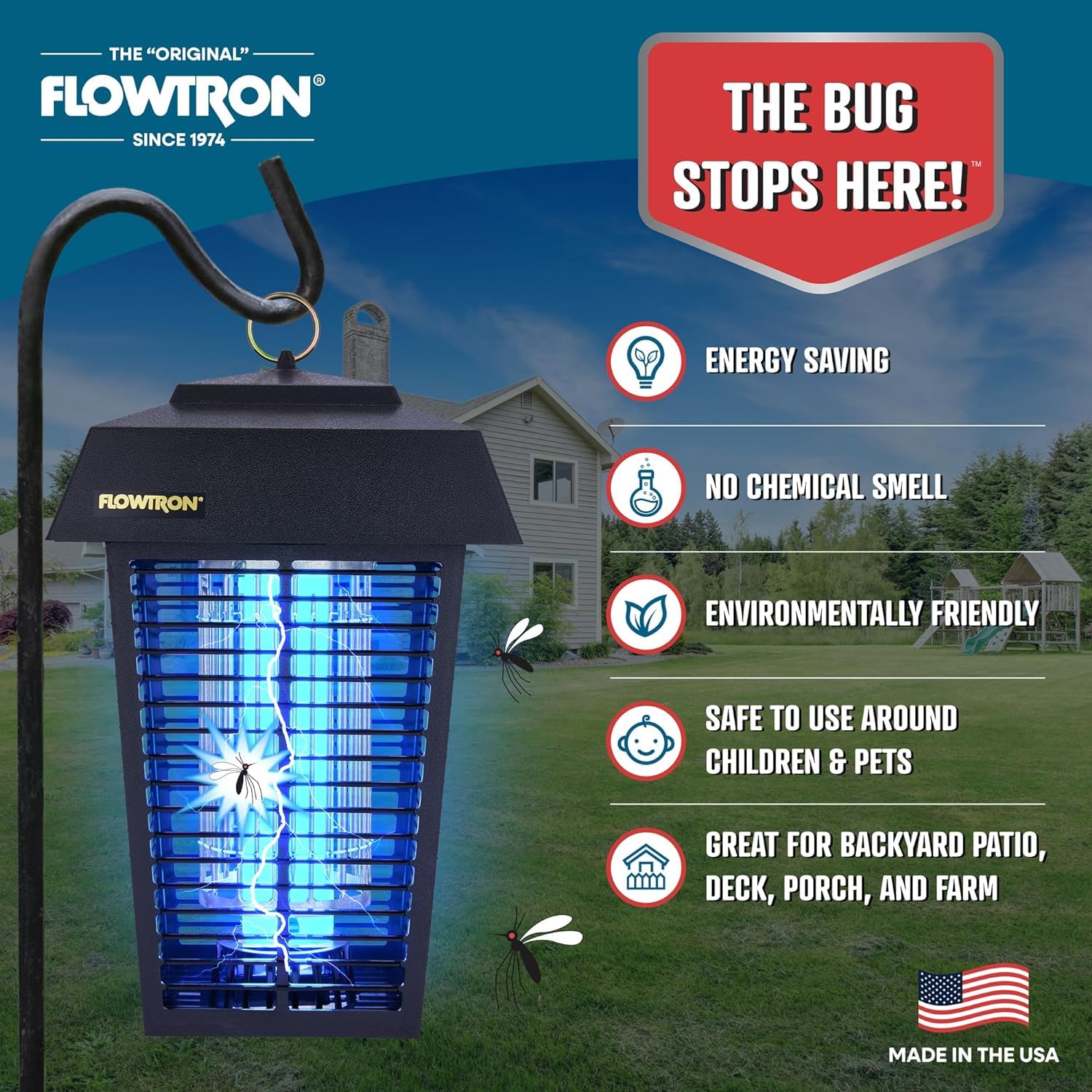 Flowtron mounting bracket secures the bug zapper outdoors.