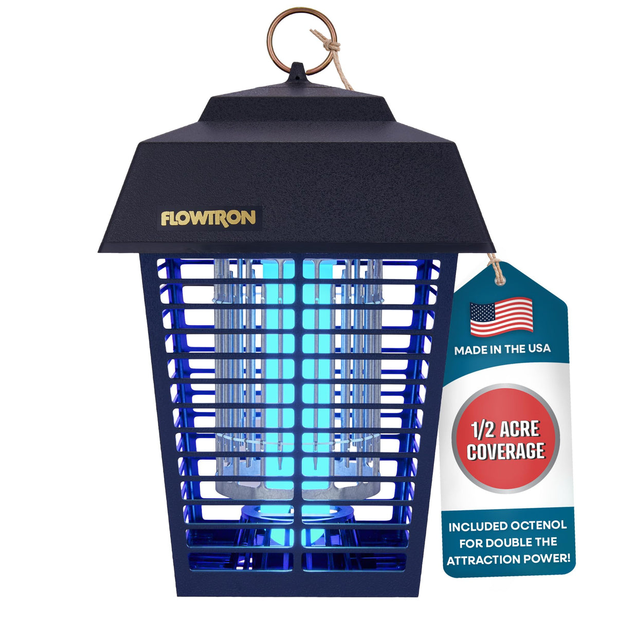 Flowtron electric bug zapper outdoor lantern with half-acre coverage attracts pests and reduces buzzing