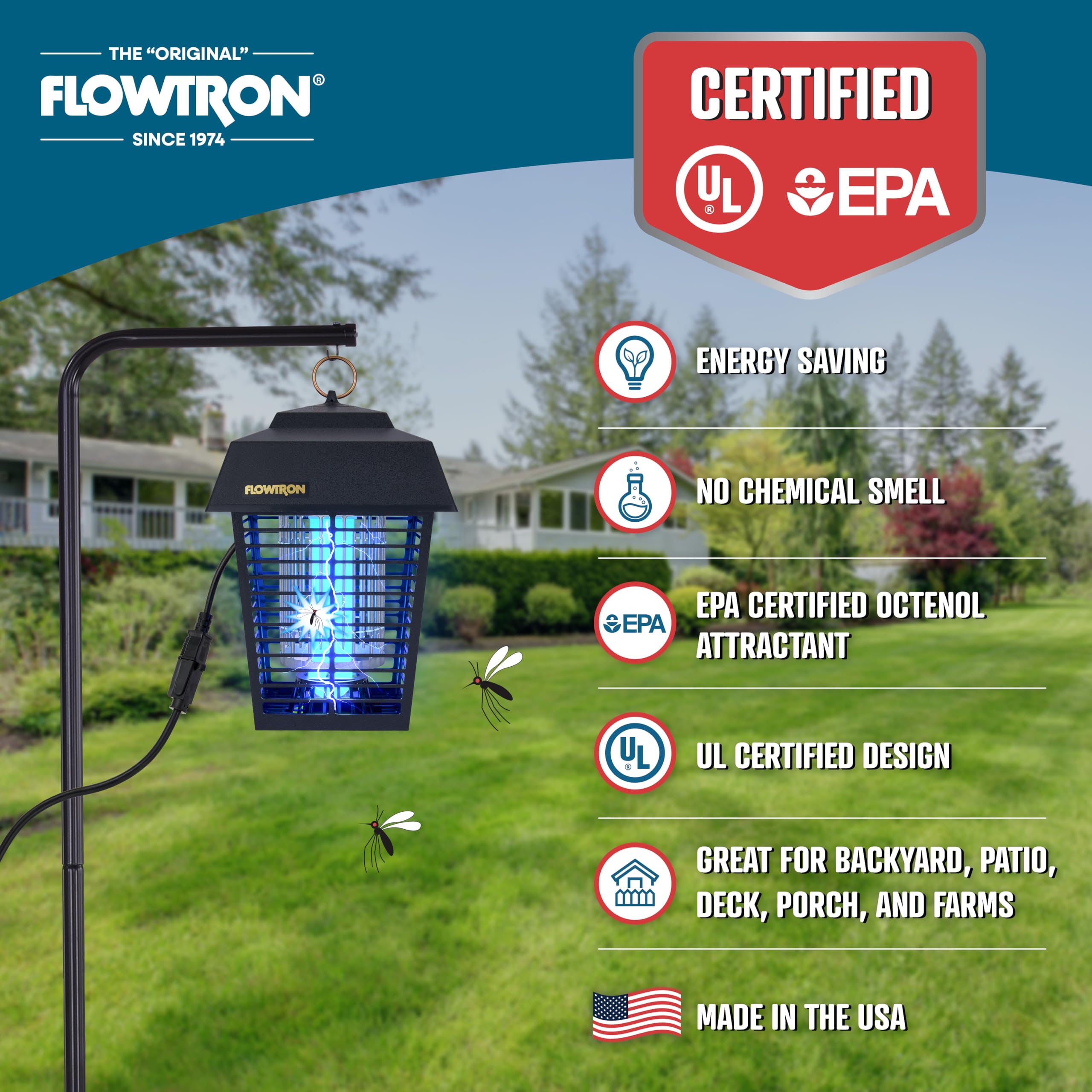 Flowtron lantern hung on patio creates a pest-free outdoor lounge area