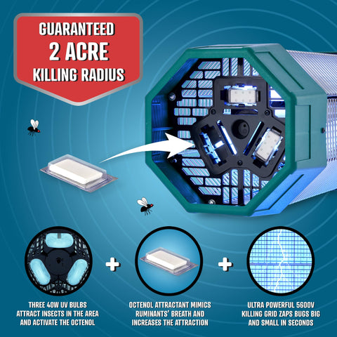 Flowtron Octenol cartridges provide extended attractant for mosquitoes and flies.