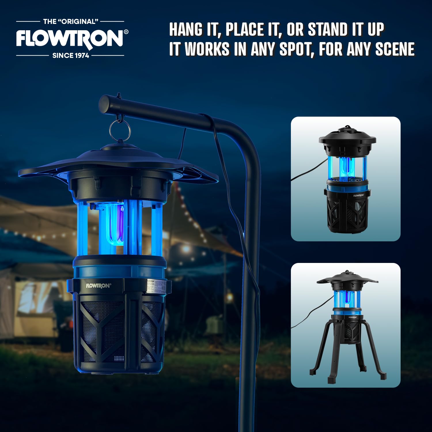 Flowtron indoor/outdoor use in patio setting at dusk.