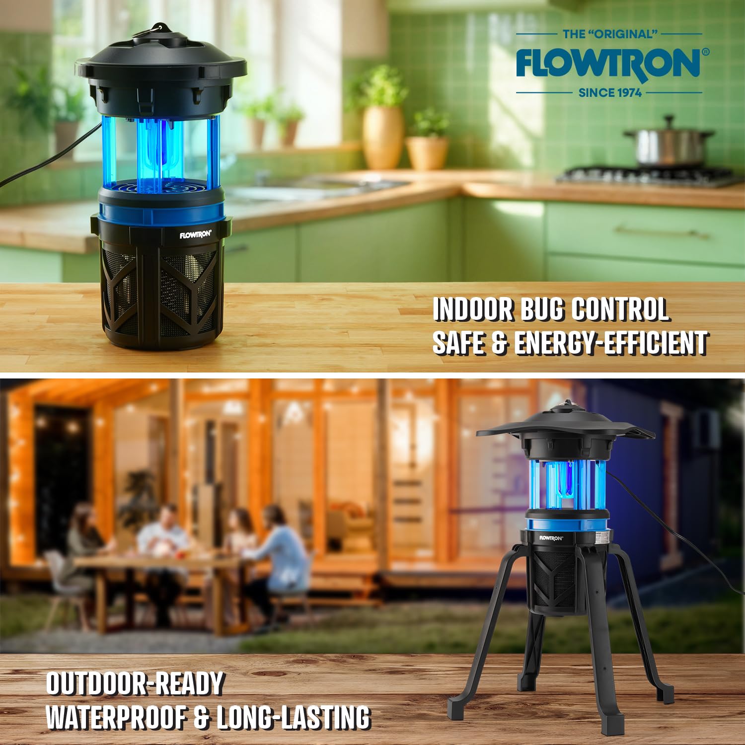 Flowtron silent operation icon illustrates quiet fan performance.