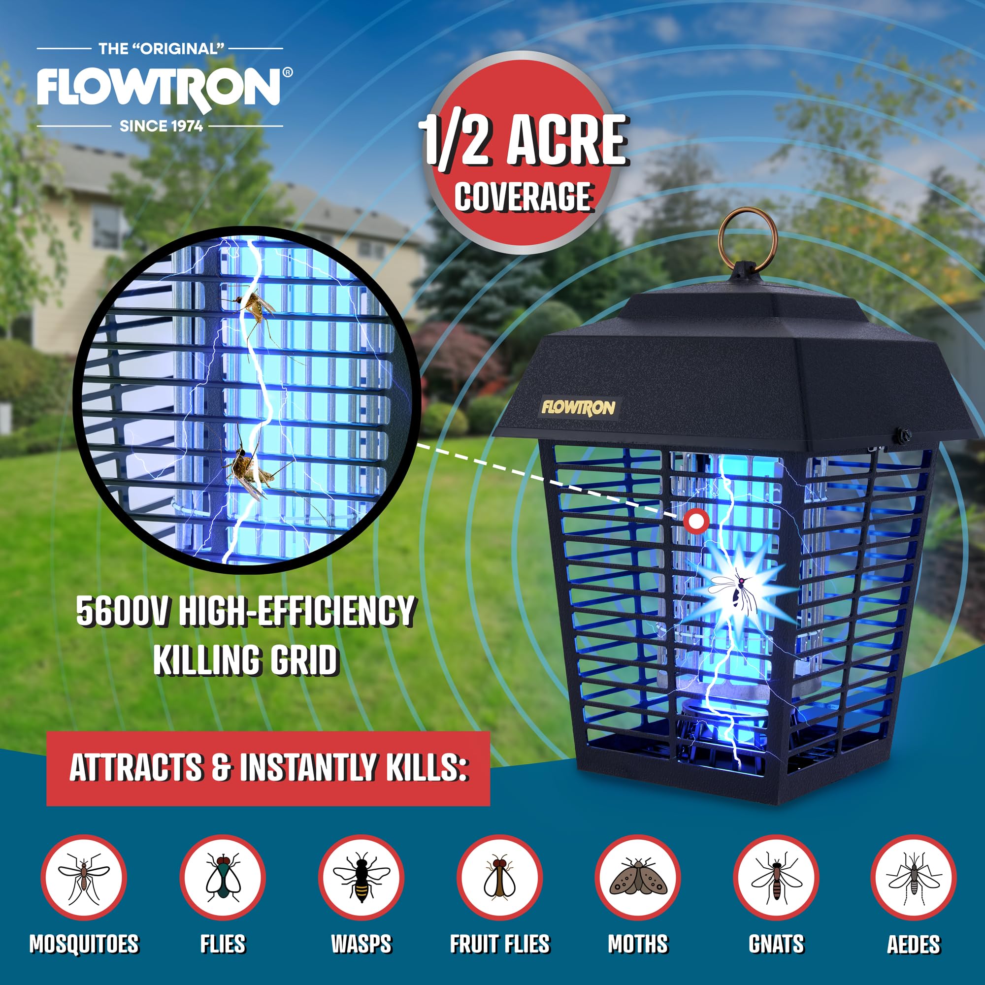 Flowtron UV glow lights evenings, attracting pests for efficient removal