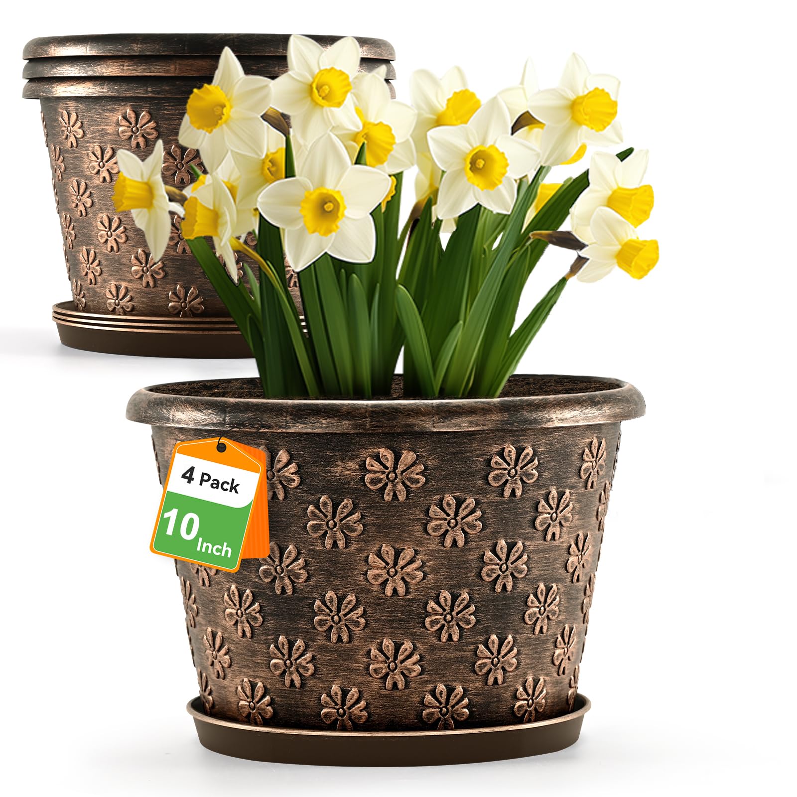 Flowyypo 10-inch planter with embossed flower pattern adds elegant decor.