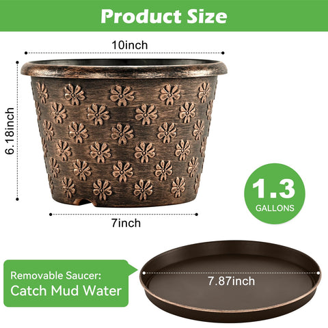 Flowyypo 10-inch planter in sturdy plastic withstands sun and rain.