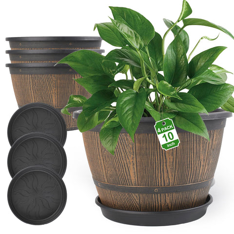 Flowyypo 10-inch wine-barrel planter outdoors on a patio with rustic charm.