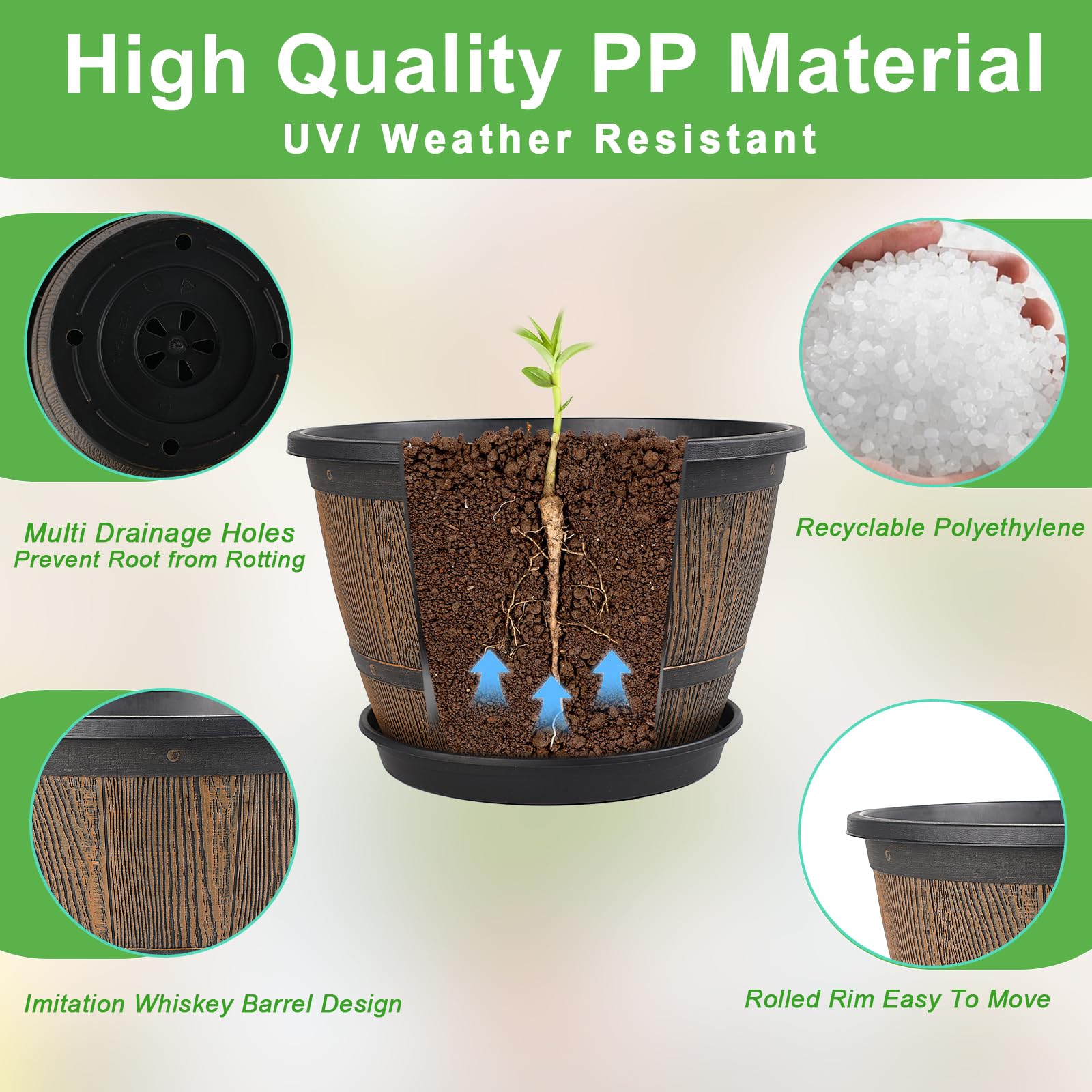 Flowyypo four-pack wine-barrel planters arranged for garden display.