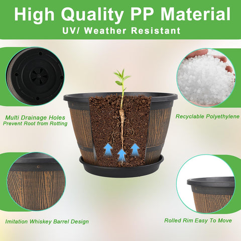 Flowyypo four-pack wine-barrel planters arranged for garden display.