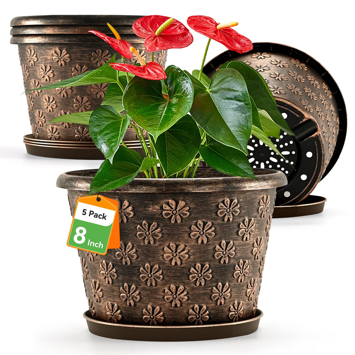Flowyypo 8-inch planter with embossed flower pattern for stylish decor