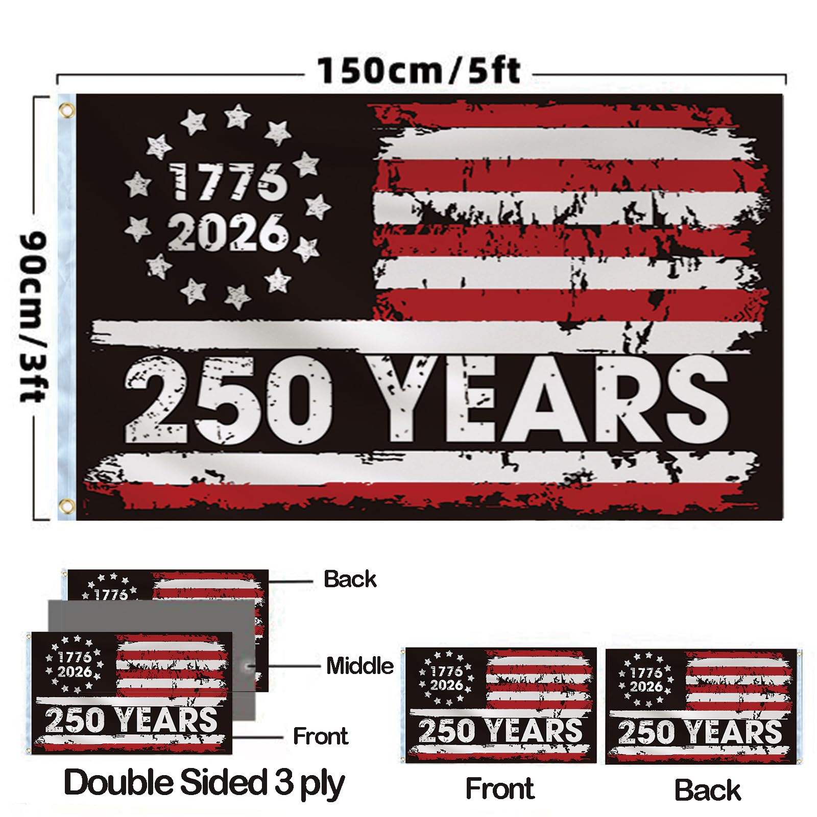 Fluuze American 250th anniversary flag back view, visible from both sides.