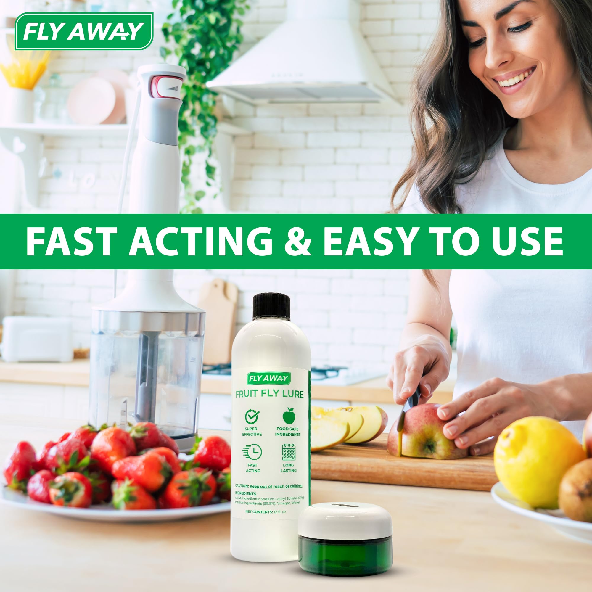 Fly Away liquid bait bottle ready to attract fruit flies quickly.