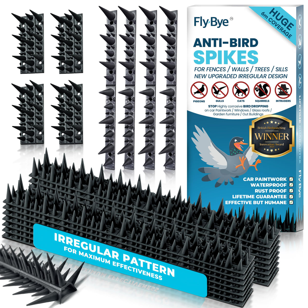 Fly-Bye bird spikes provide wide coverage on fences to deter pigeons.