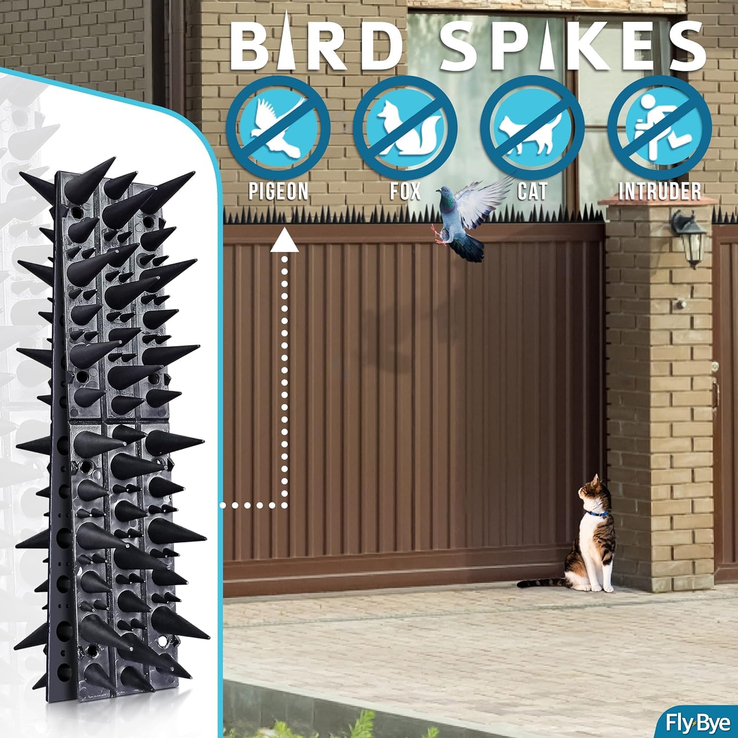 Fly-Bye polycarbonate spikes resist weather and protect exterior surfaces.