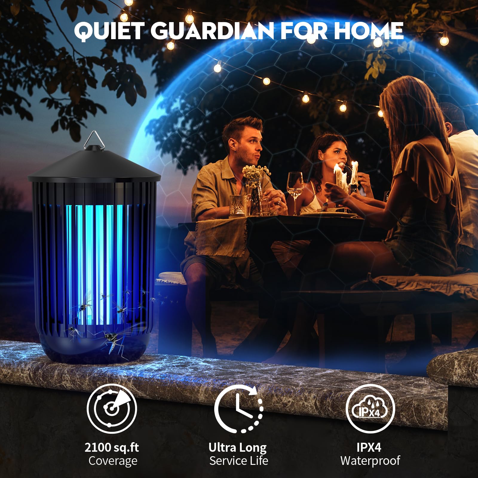 Flyghost Bug Zapper in garage, waterproof design handles rain and humidity.