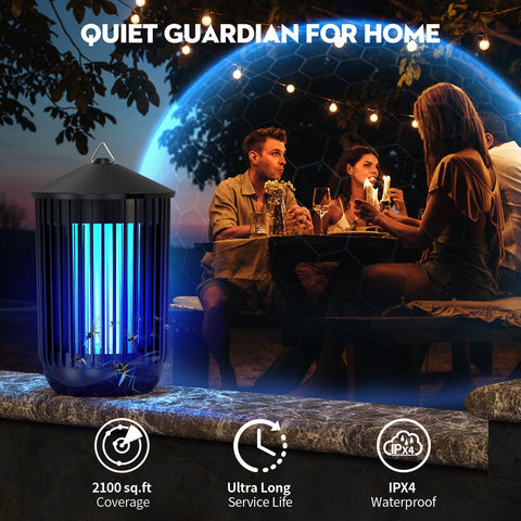 Flyghost Bug Zapper in garage, waterproof design handles rain and humidity.