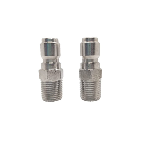 Flylock 3/8 inch stainless steel quick-connect plug ready for high-pressure use.