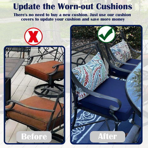 Flymei navy blue outdoor cushion covers fit dining chairs and lounge areas.