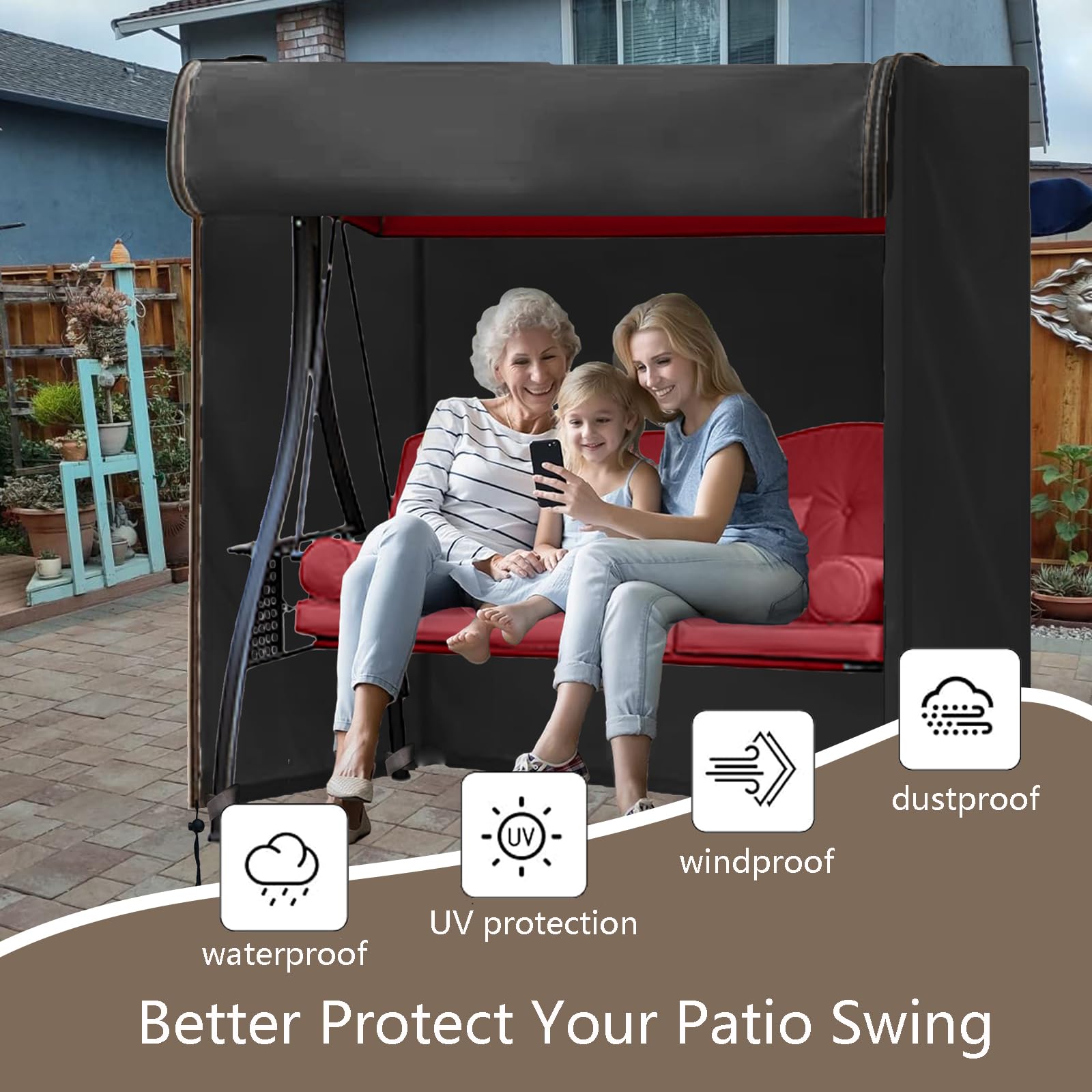FLYMEI 3-seat swing cover side view demonstrates windproof, secure fit