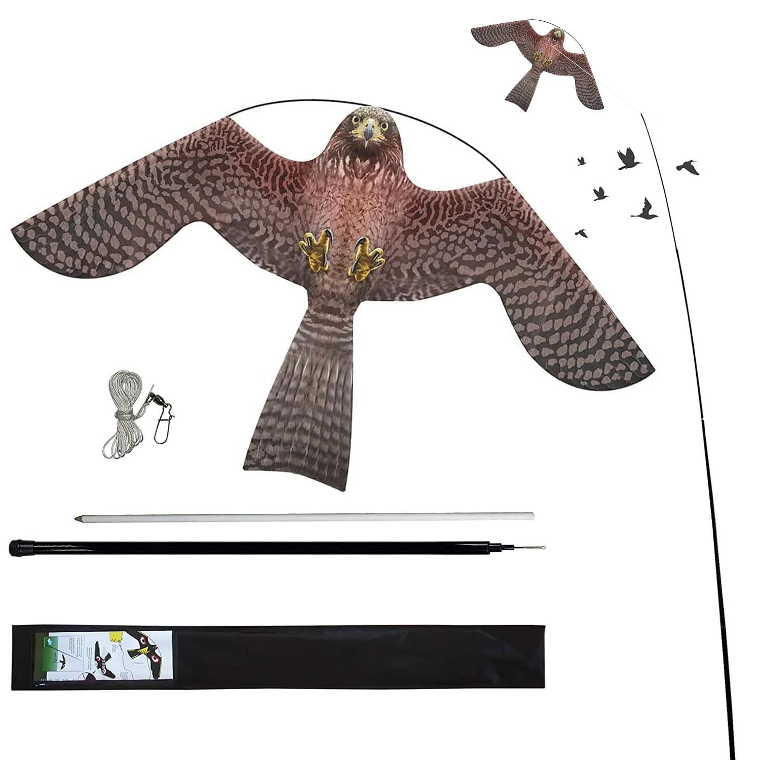 Flyonte Bird Hawk Flying Kite in flight deters birds over gardens.