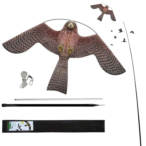 Flyonte Bird Hawk Flying Kite in flight deters birds over gardens.