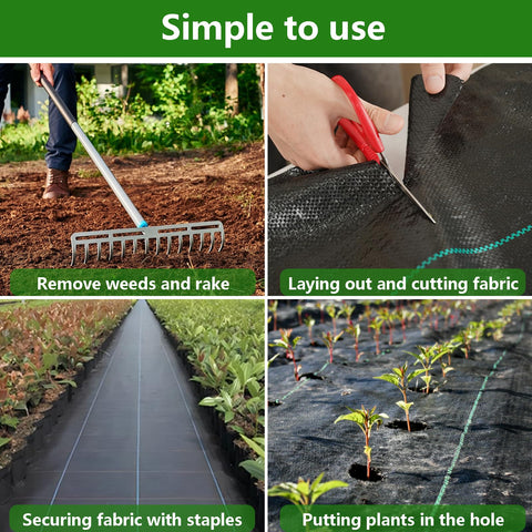 Flysogan easy-install weed cloth laid on level ground and secured with spikes